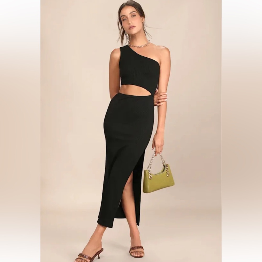 Lulus Spice Things Up Black Ribbed One-Shoulder Cutout Midi Dress, XS, NWT